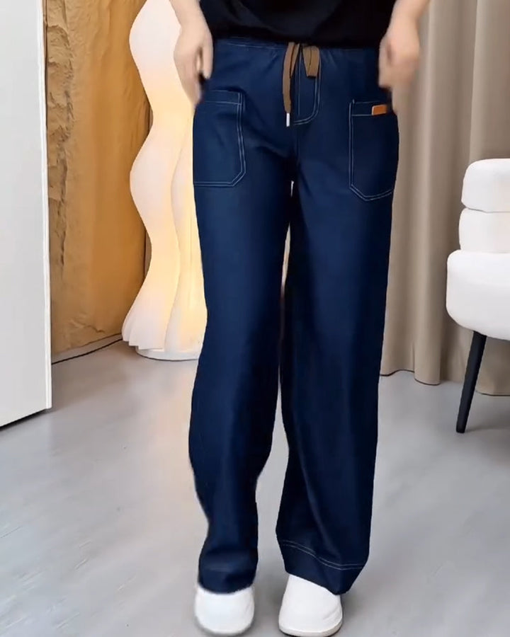 Pantalon Coupe Ample Taille Haute Évasé Amincissant