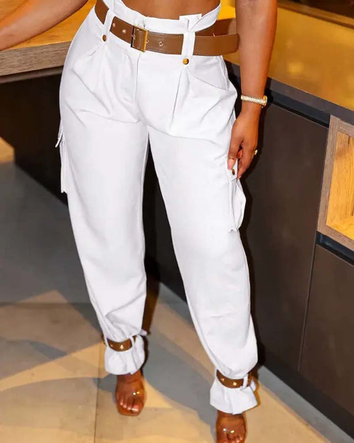 Pantalon cargo décontracté avec poche de couleur unie