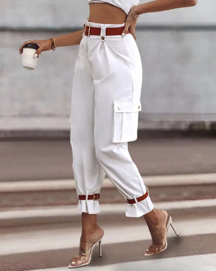 Pantalon cargo décontracté avec poche de couleur unie