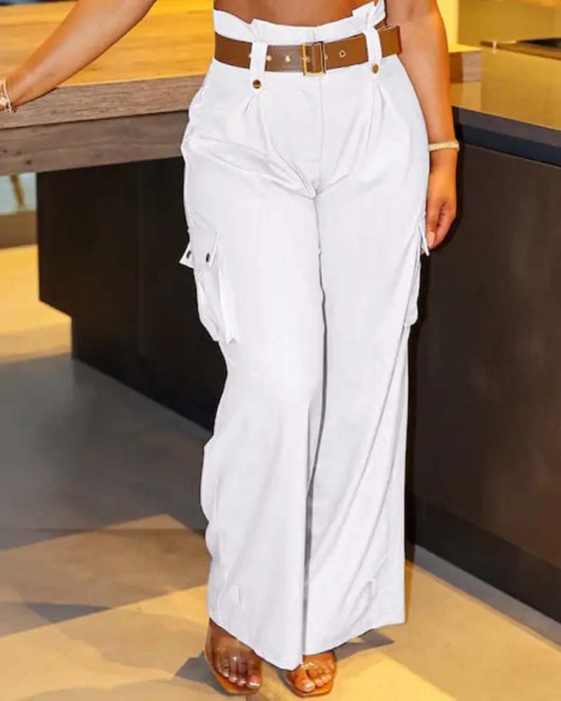 Pantalon cargo décontracté avec poche de couleur unie