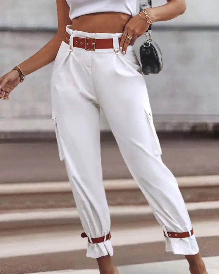 Pantalon cargo décontracté avec poche de couleur unie