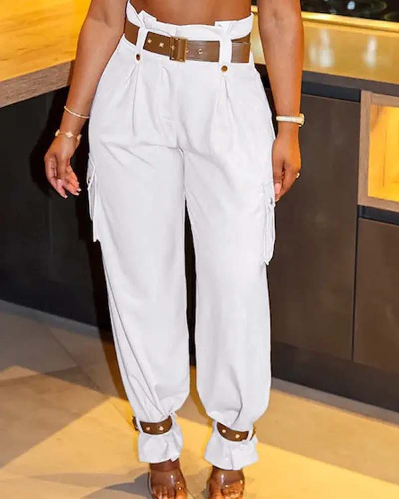 Pantalon cargo décontracté avec poche de couleur unie